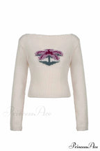 Neck Knitted U Flowered Sweater