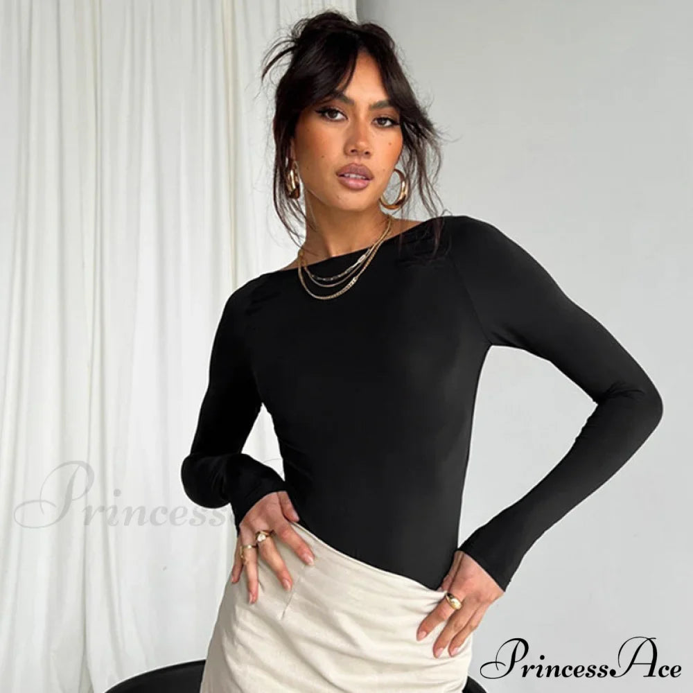 Neck Women's Arm Round Long Color Solid Slim T-Shirt