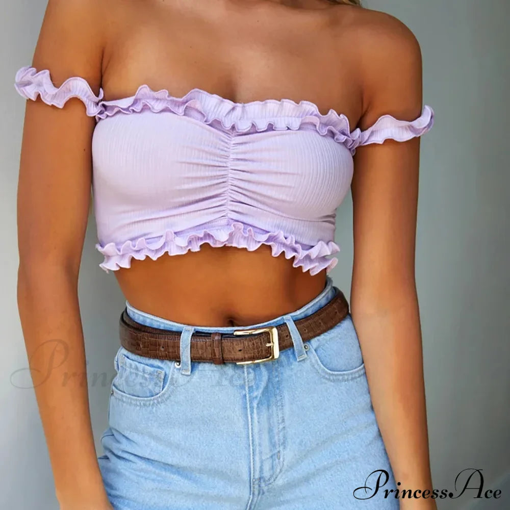 New Cute Purple Off Shouler Crop Ruffles t shirtTube For Women Summer Clothes Tank top