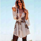 New Floral Embroidery Boho Dress Sexy Beach Dress Deep V-neck Mini Party