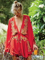 New Floral Embroidery Boho Dress Sexy Beach Dress Deep V-neck Mini Party