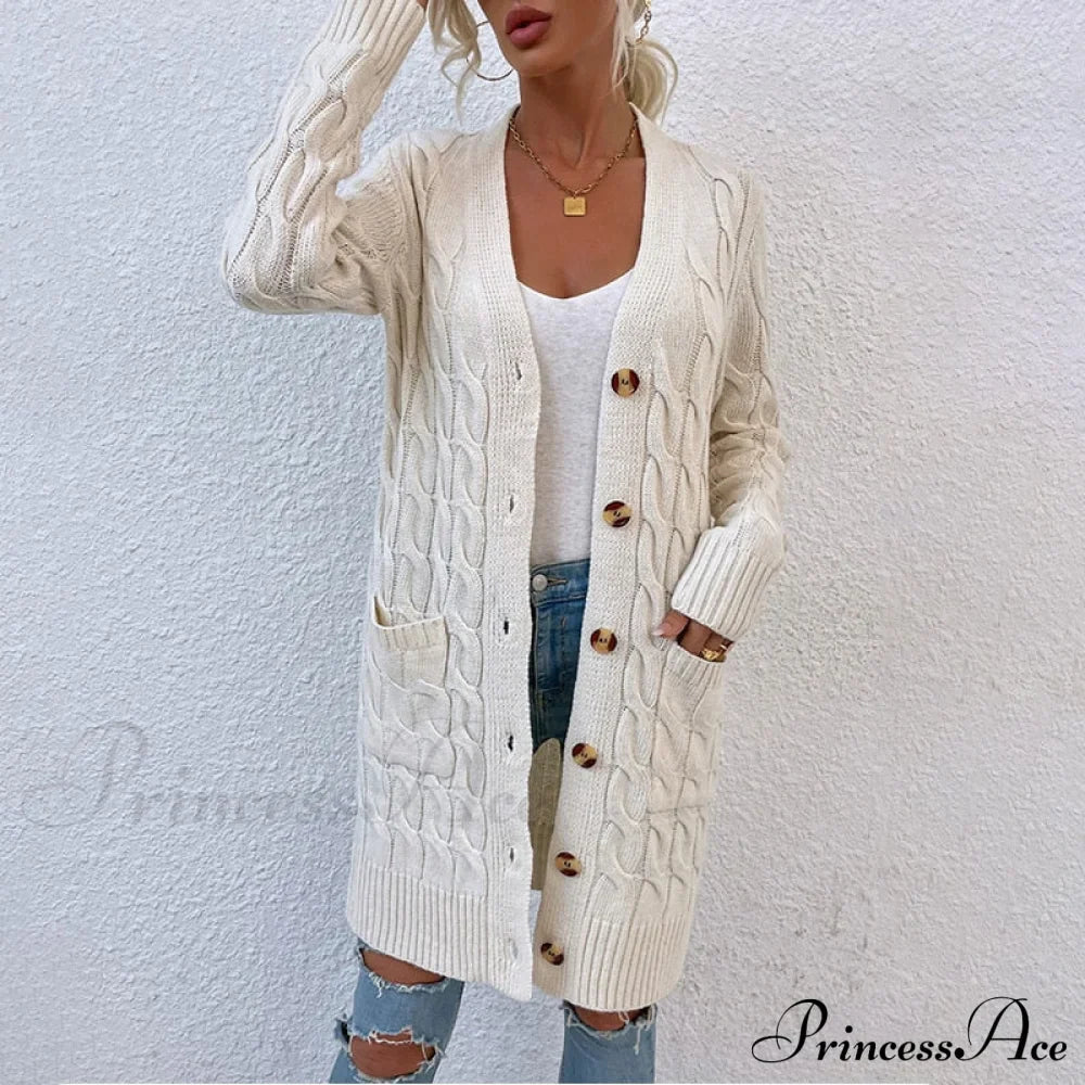 New Long Coat Twisted Rope Solid Color Knitted Cardigans