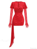 New Sexy Gloves Long Sleeves Cutout Pleated Draped Mini Party Dress