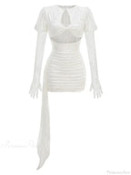 New Sexy Gloves Long Sleeves Cutout Pleated Draped Mini Party Dress