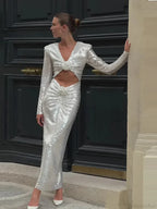 New Sexy Long Sleeves Luxury Sequins Slim Dress Hollow Flower Party Dress