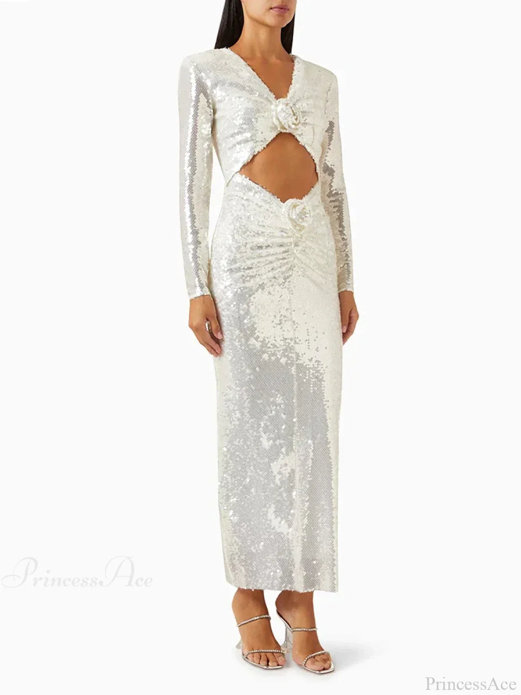 New Sexy Long Sleeves Luxury Sequins Slim Dress Hollow Flower Party Dress