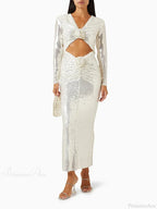 New Sexy Long Sleeves Luxury Sequins Slim Dress Hollow Flower Party Dress