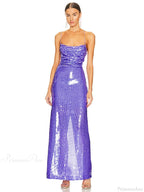 New Sexy Sleeveless Backless Lace-up Slim Long Dress Bright Sequins Party Dress
