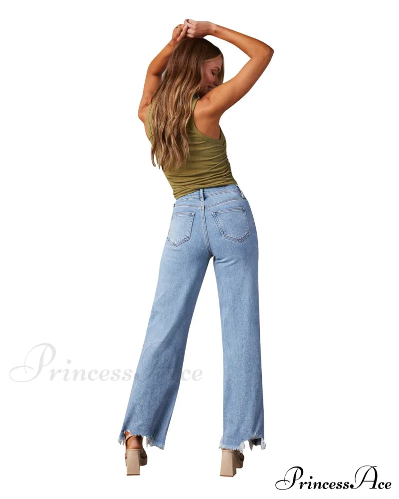 New Women's Women Simple Casual High Waist Wide-leg Trousers Irregular Tassels Women Streetwear All-match Female Pant Jean