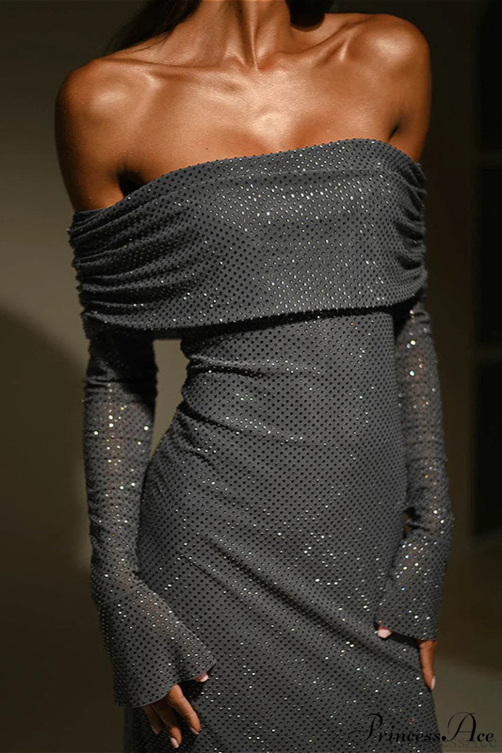 Off Neck Sequined Slim Fitted Long Party Dress