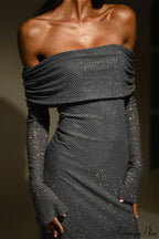 Off Neck Sequined Slim Fitted Long Party Dress