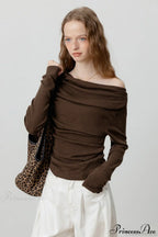 Off-Shoulder Draped Collar Waist-Cinched Knit Top
