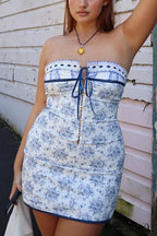 Off Shoulder Floral Print Lace-Up Boho Dress