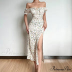 Off Shoulder Flower Print High Split Elegant Long Backless Bodycon Summer Floral Dress