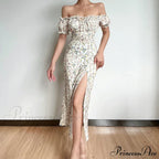 Off Shoulder Flower Print High Split Elegant Long Backless Bodycon Summer Floral Dress