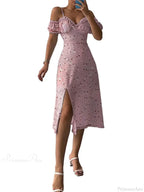 Off-Shoulder Frilly Suspender Short Sleeve Split Mid-Length A-Line Floral Dress