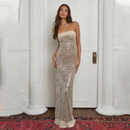 Off-shoulder High Split Sequin Party Dress