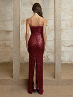 Off-shoulder High Split Sequin Party Dress