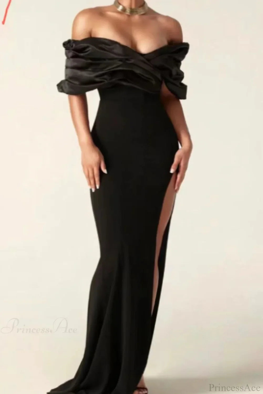 Off Shoulder Ruched Slit Satin Maxi Prom Dress