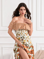 Off-Shoulder Ruffled Ruched Vintage Striped Fruit Flower Floral Dress