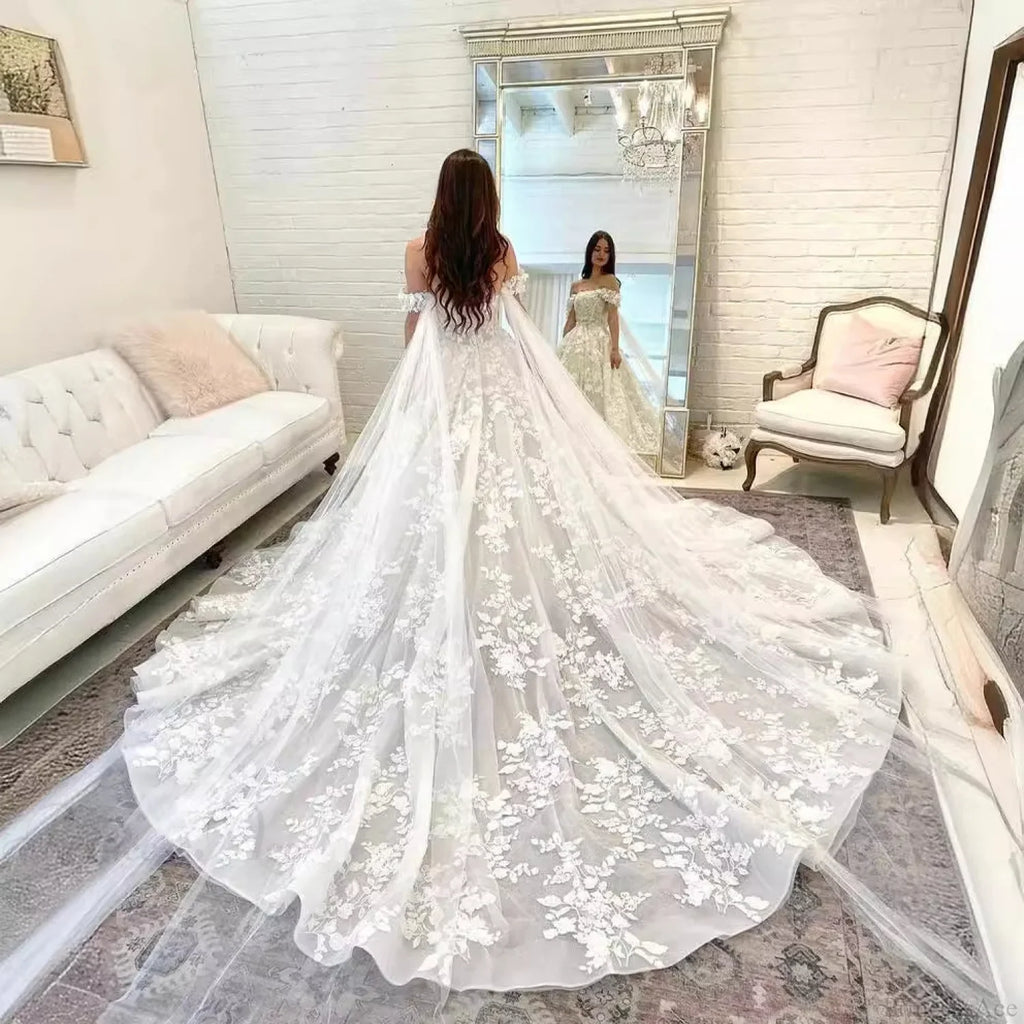 Off-Shoulder Satin Long Train Wedding Dress