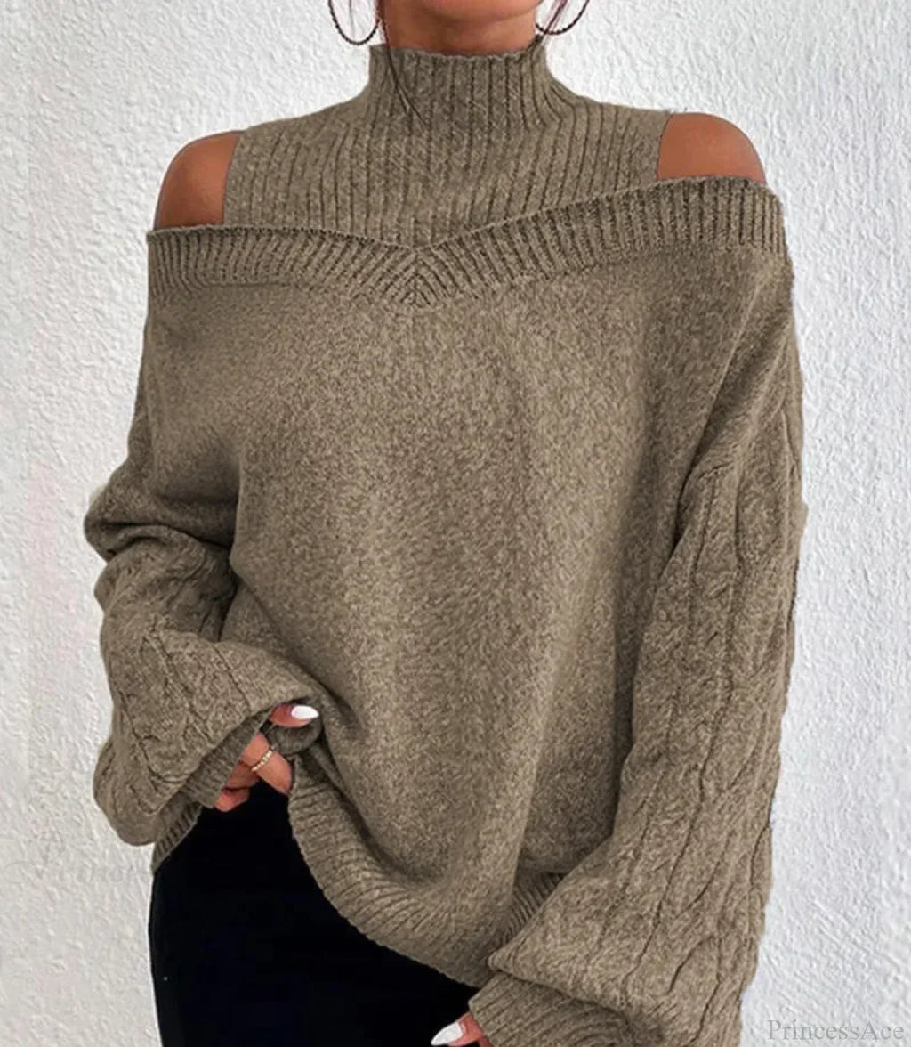 Off Shoulder Semi High Neck Knit Sweater