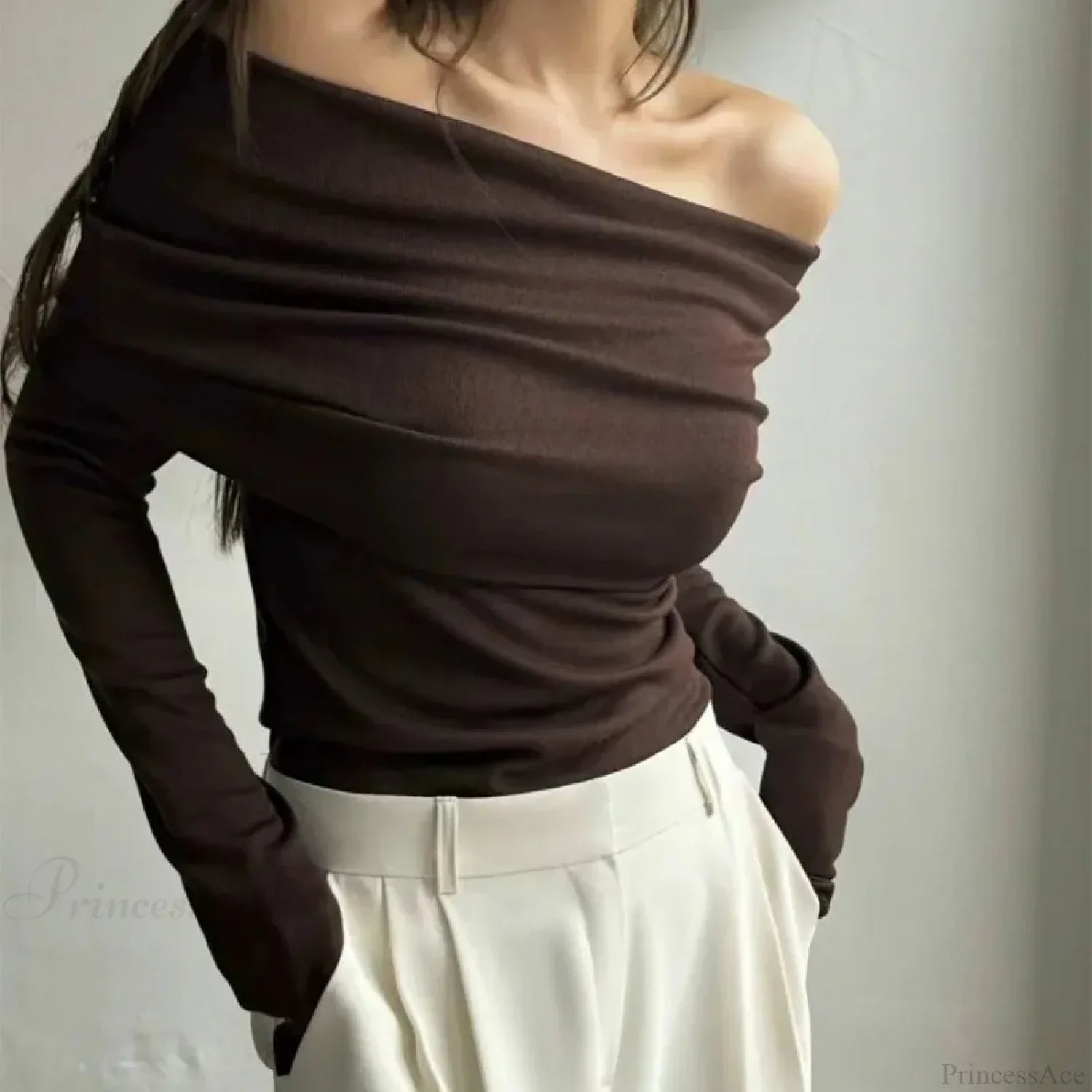 Off-Shoulder Slim Long Sleeve Pleated Sweater