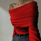 Off-Shoulder Slim Long Sleeve Pleated Sweater