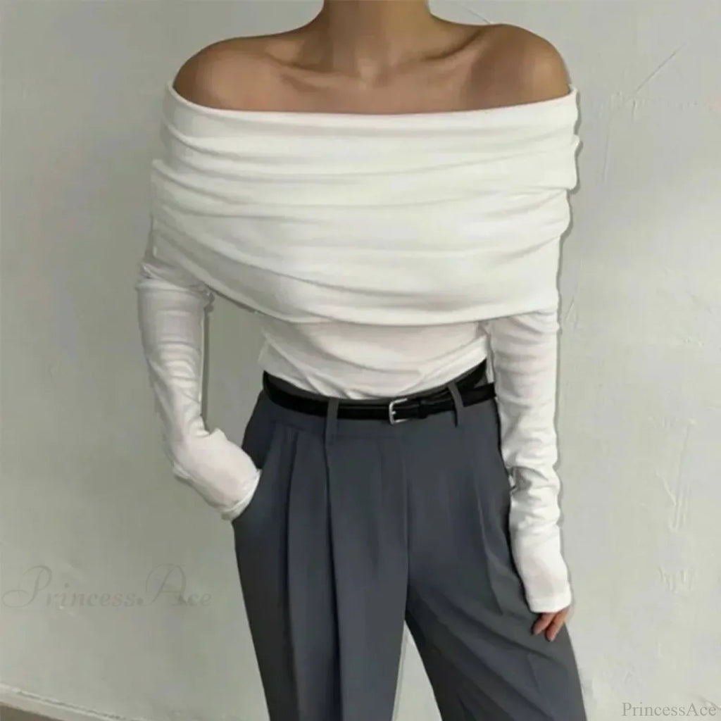 Off-Shoulder Slim Long Sleeve Pleated Sweater