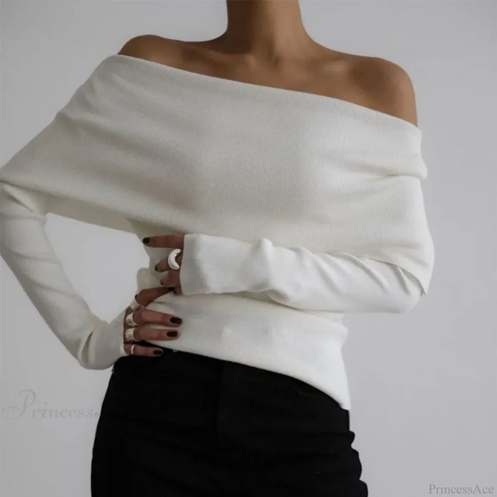 Off-Shoulder Solid Long Sleeve Knitted Sweater