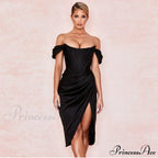 Off Shoulder Split Corset Midi Dress