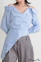 Off Shoulder Striped Blouse with Irregular Long Sleeves