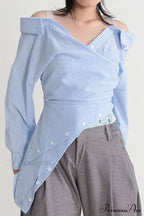 Off Shoulder Striped Blouse with Irregular Long Sleeves