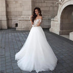 Off-Shoulder V-Neck Sheer Wedding Dress