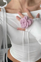 Off-the-Shoulder Tie Detail Fitted Long Sleeve Tee
