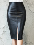Office Lady Black PU Leather Skirt