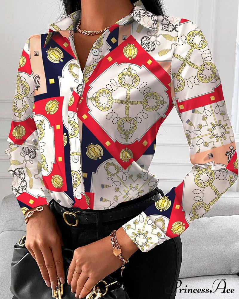 Office Lady Print Button Shirts