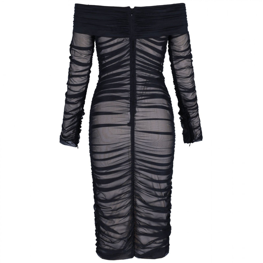 Off Shoulder Long Sleeve Ruched Mini Bodycon Dress FSP19054