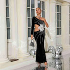 One Shoulder Pearl Embellished Elegant Prom Dress