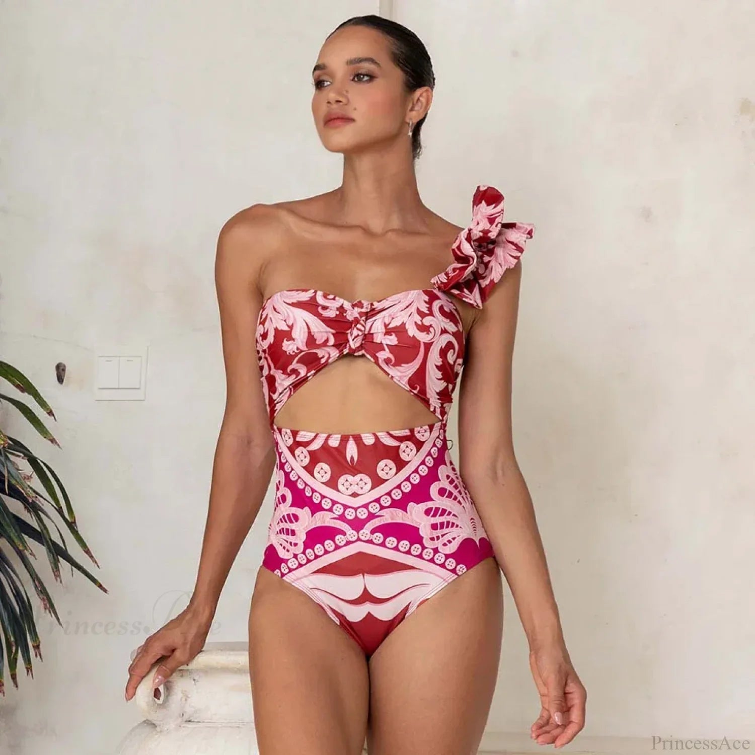 One Shoulder Print Pants Two Piece Set