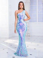 One-Shoulder Stretch Sequin Party Dress
