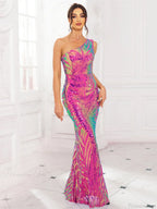 One-Shoulder Stretch Sequin Party Dress