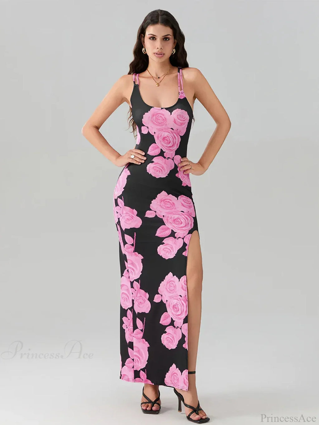 Open Back High Split Floral Print Bodycon Cami Club Floral Dress
