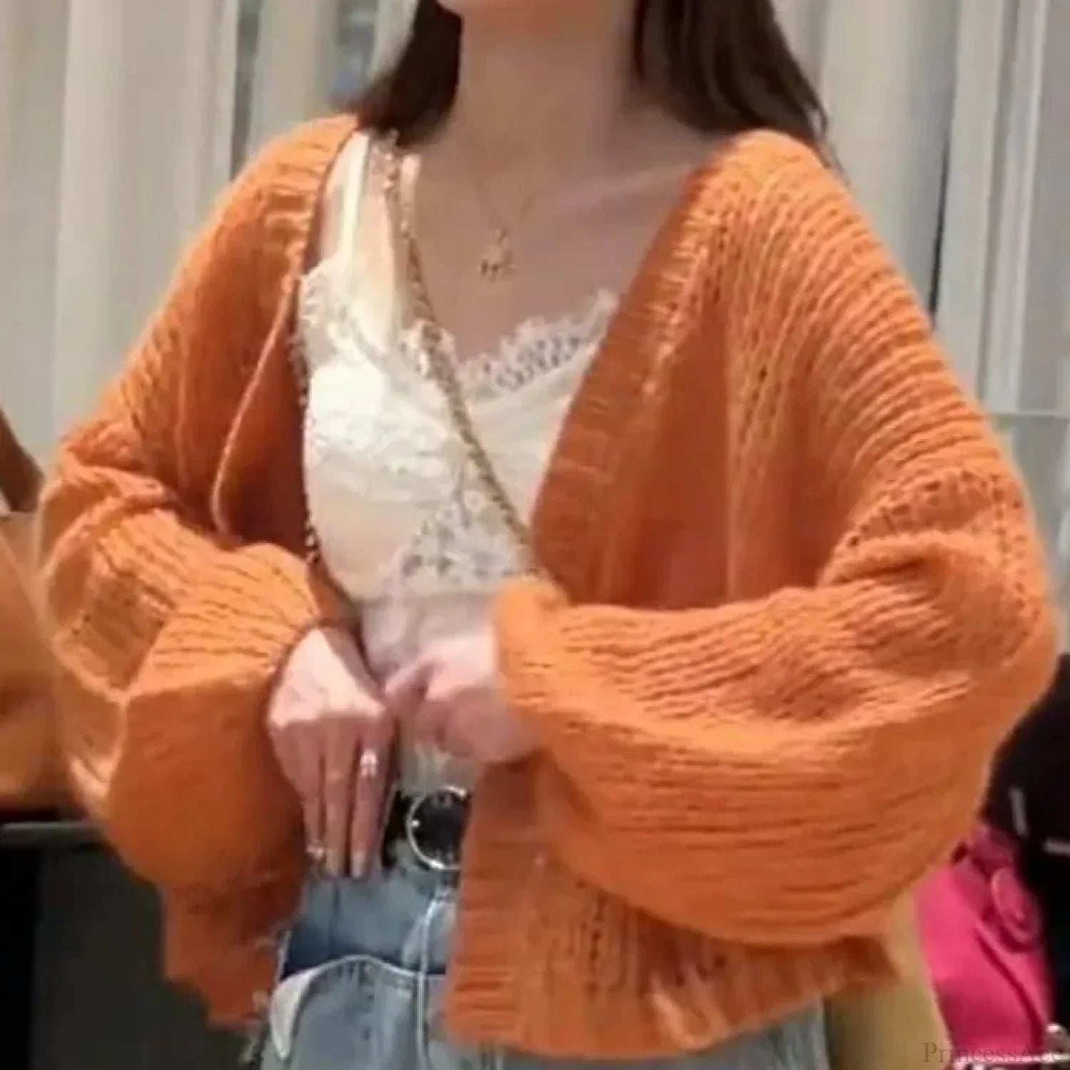 Orange Lantern Sleeve Open Stitch Loose Spring Cardigan