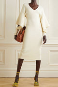 Oversized Cutout Buttoned Long Sleeve V Neck Rib Knit Sweater Mini Dress - Beige