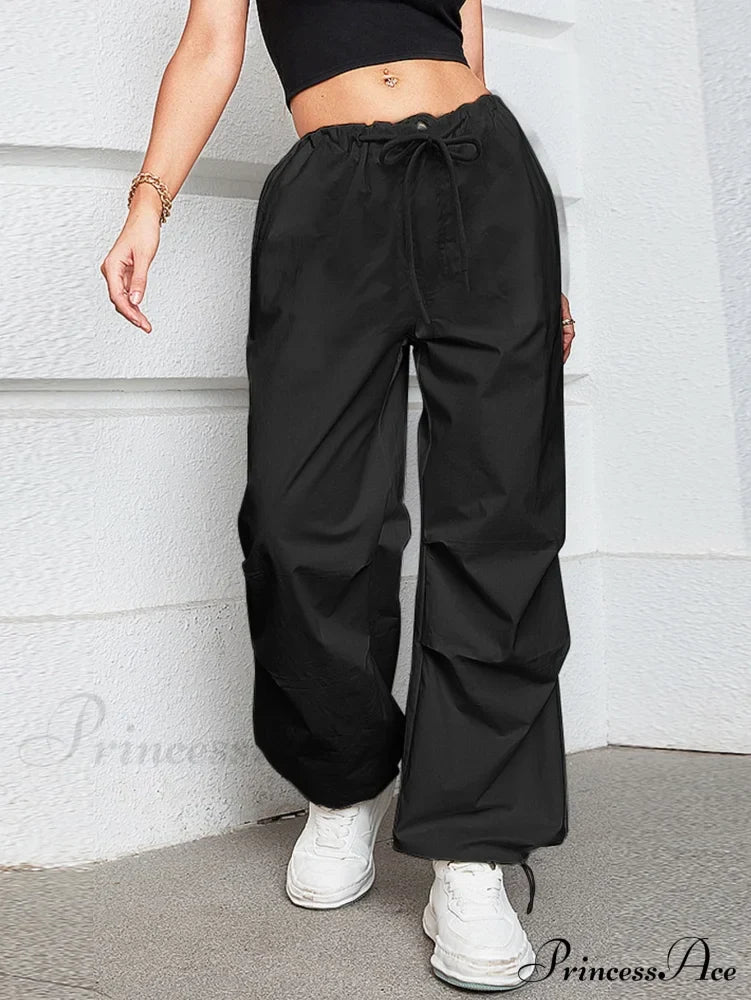 Oversized Drawstring Low Waist Slant Pocket Cargo Parachute Pants