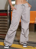 Oversized Drawstring Low Waist Slant Pocket Cargo Parachute Pants