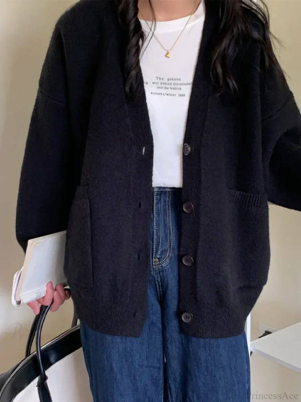 Oversized Preppy V-Neck Knitted Knit Cardigan