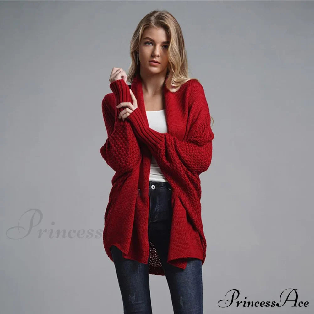 Oversized Sweater Knitted Patchwork Batwing Sleeves Cardigan