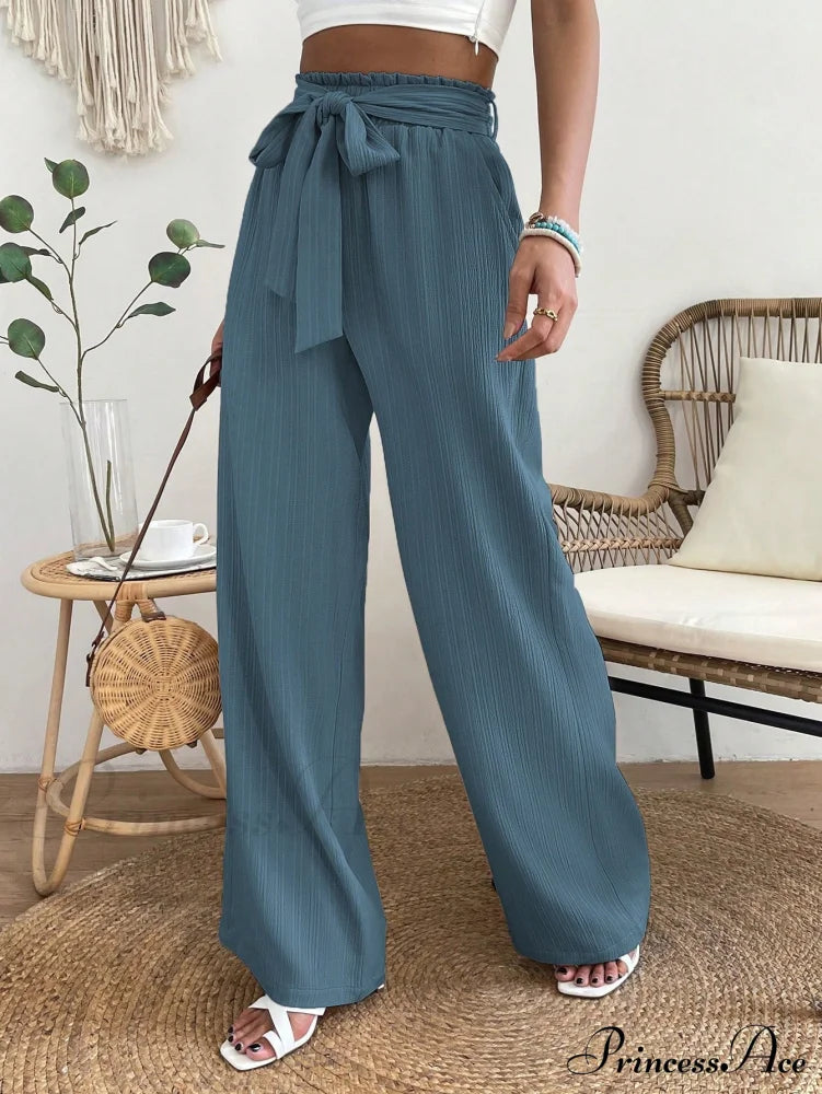 Long Waist Belted Wide Leg Pants